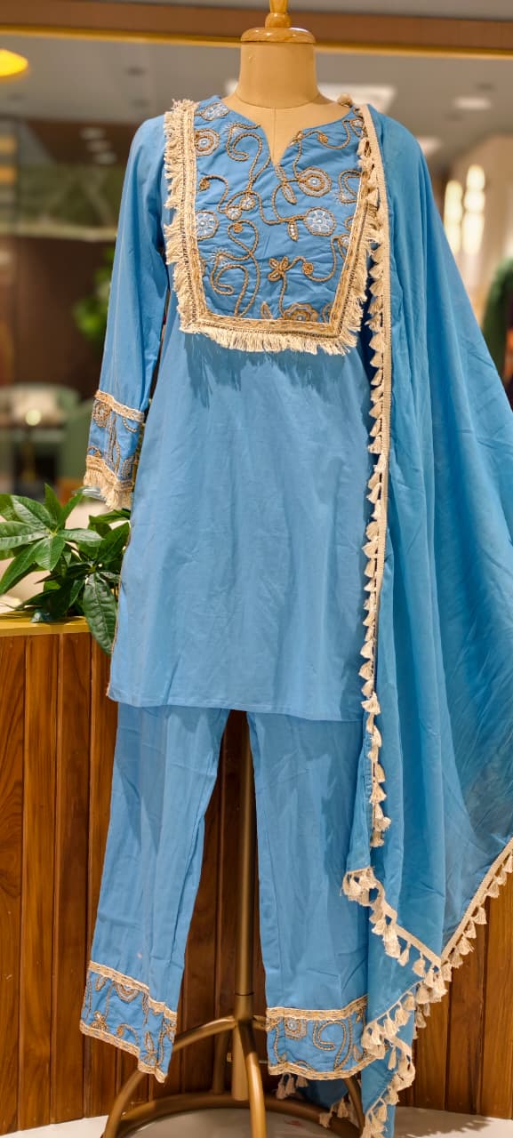 Boho Chic Thread Embroidered Yoke Tassel Accent Cotton Full Suit Set With Dupatta- 15496