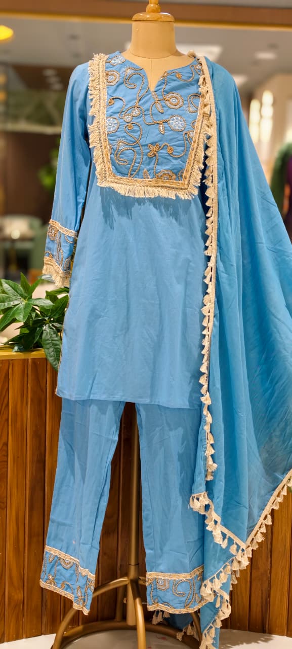 Boho Chic Thread Embroidered Yoke Tassel Accent Cotton Full Suit Set With Dupatta- 15496