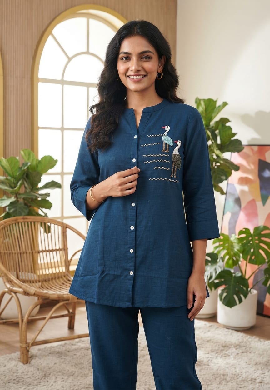 Siberian Thread Embroidered Cute Motifs Cotton Casual Co-Ord Set- 15558