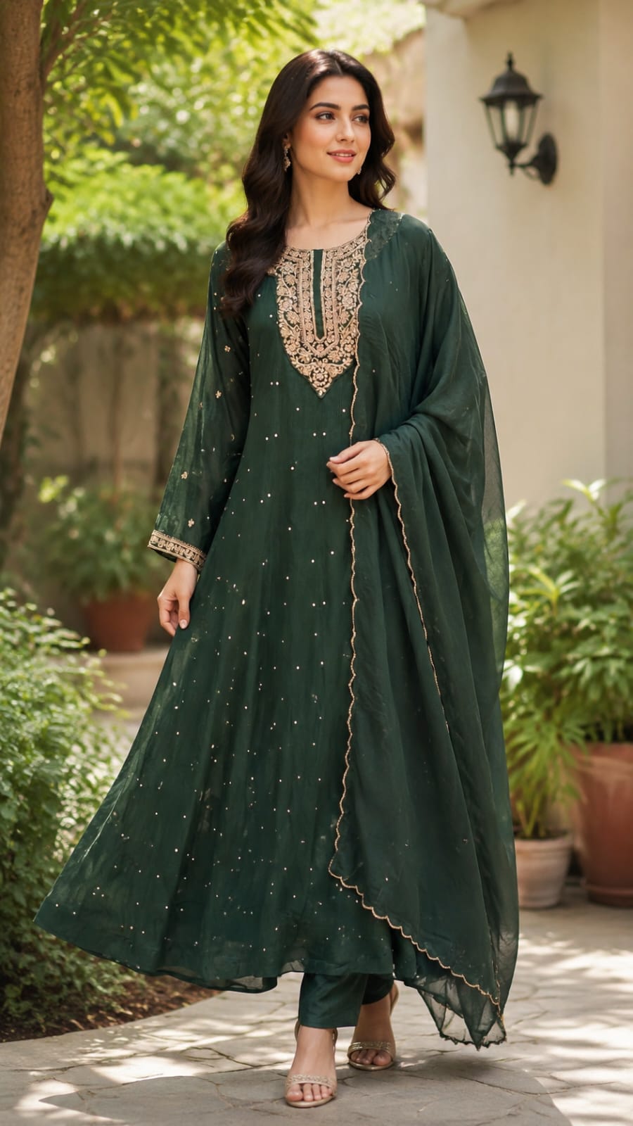 Zardosi Neckline Scattered Shimmer Chinon Panel Anarkali Full Suit Set With Dupatta- 15503