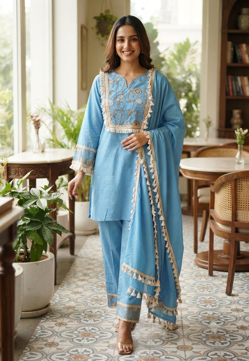 Boho Chic Thread Embroidered Yoke Tassel Accent Cotton Full Suit Set With Dupatta- 15496
