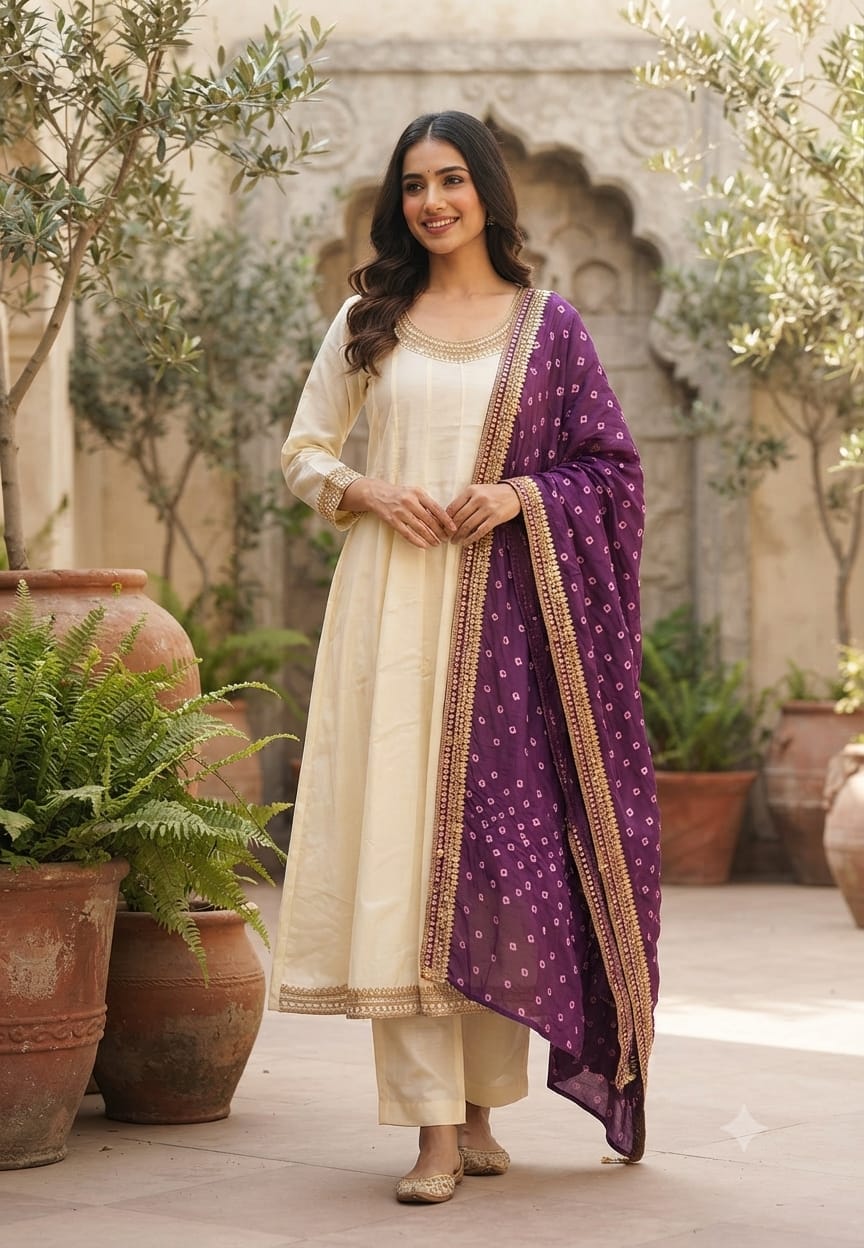 Surat Mulchanderi Pannel Solid Shade Anarkali Full Set With Contast Bandejh Dupatta-15568