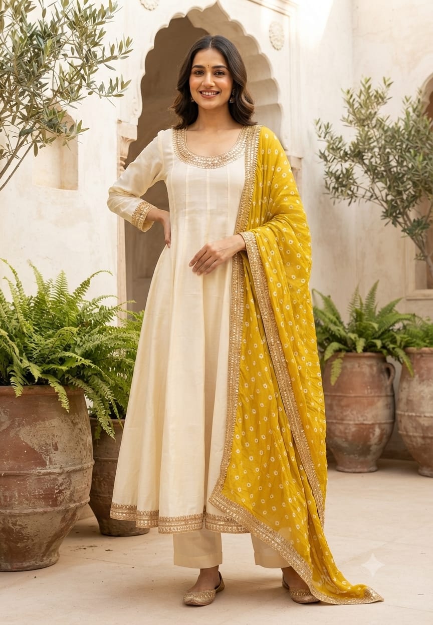 Surat Mulchanderi Pannel Solid Shade Anarkali Full Set With Contast Bandejh Dupatta-15568