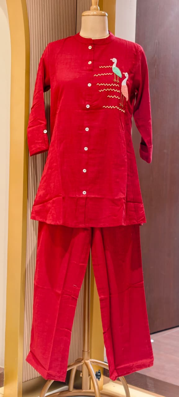 Siberian Thread Embroidered Cute Motifs Cotton Casual Co-Ord Set- 15558