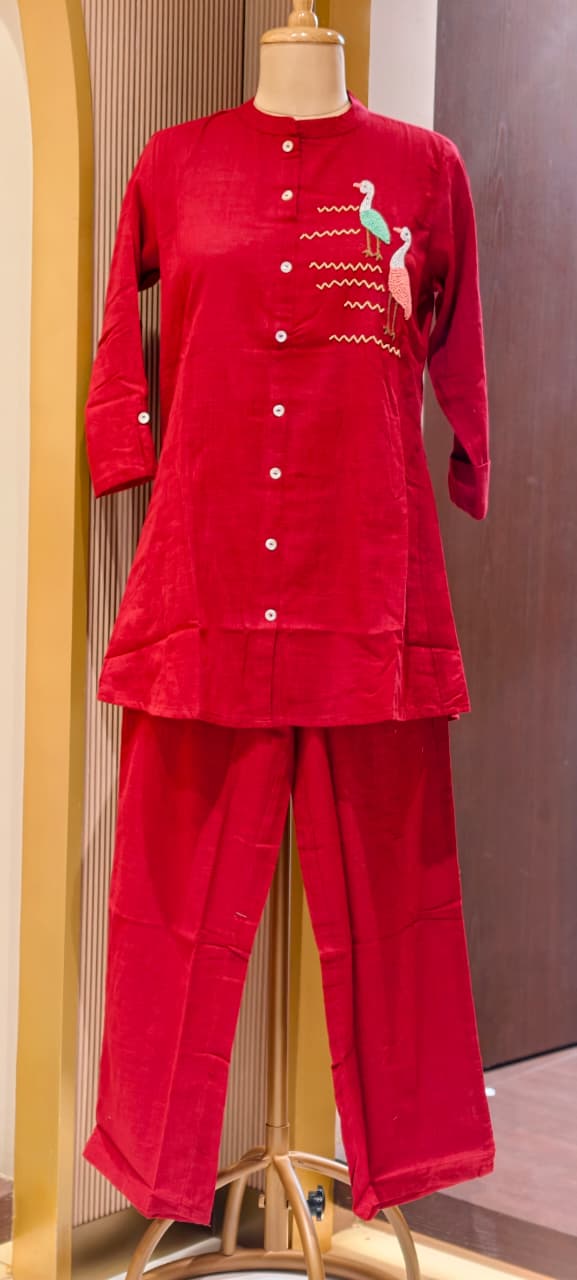 Siberian Thread Embroidered Cute Motifs Cotton Casual Co-Ord Set- 15558