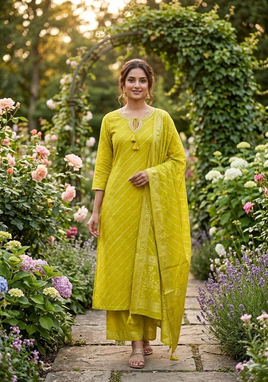 Traditional Leheriya Pattern Embellished V-Neck Ethnic Cotton Full Suit Set With Dupatta- 15561, 15560