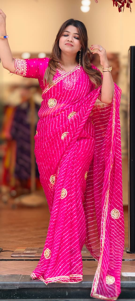 Gotta Patti Work With Sequin Elegance Lehriya Print Semi Georgette Saree With Unstitched Blouse- 15655