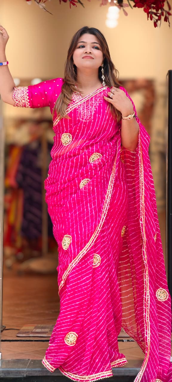 Gotta Patti Work With Sequin Elegance Lehriya Print Semi Georgette Saree With Unstitched Blouse- 15655