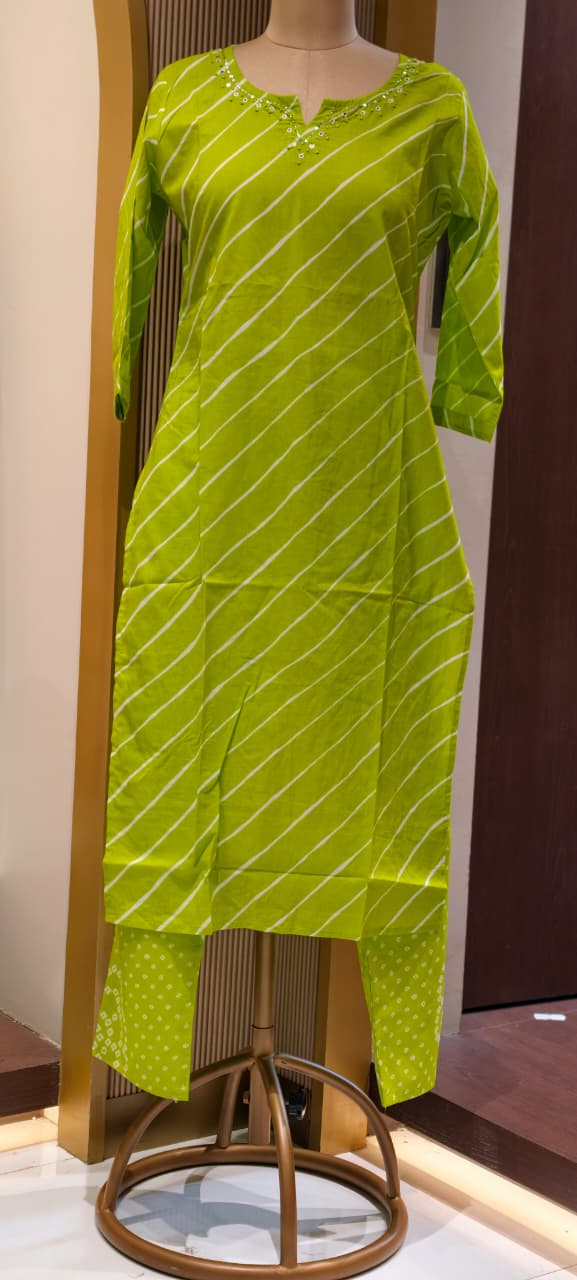 Traditional Leheriya Pattern Embellished V-Neck Ethnic Cotton Full Suit Set With Dupatta- 15561, 15560