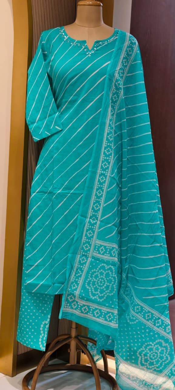 Traditional Leheriya Pattern Embellished V-Neck Ethnic Cotton Full Suit Set With Dupatta- 15561, 15560