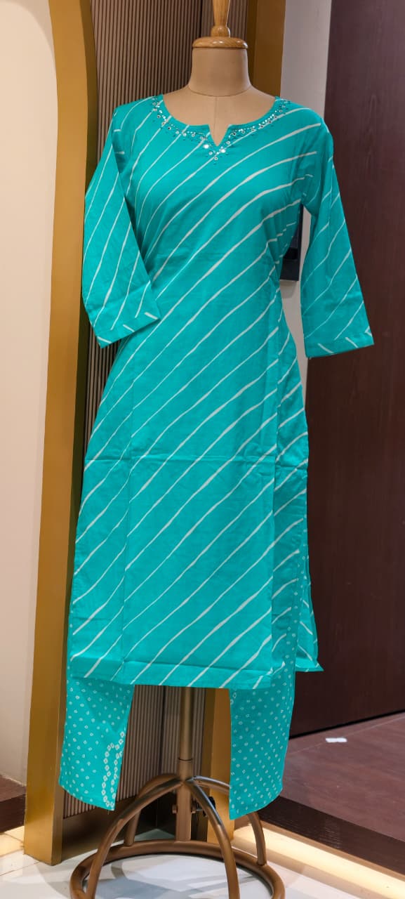 Traditional Leheriya Pattern Embellished V-Neck Ethnic Cotton Full Suit Set With Dupatta- 15561, 15560
