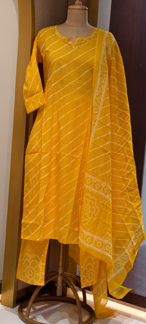 Traditional Leheriya Pattern Embellished V-Neck Ethnic Cotton Full Suit Set With Dupatta- 15561, 15560