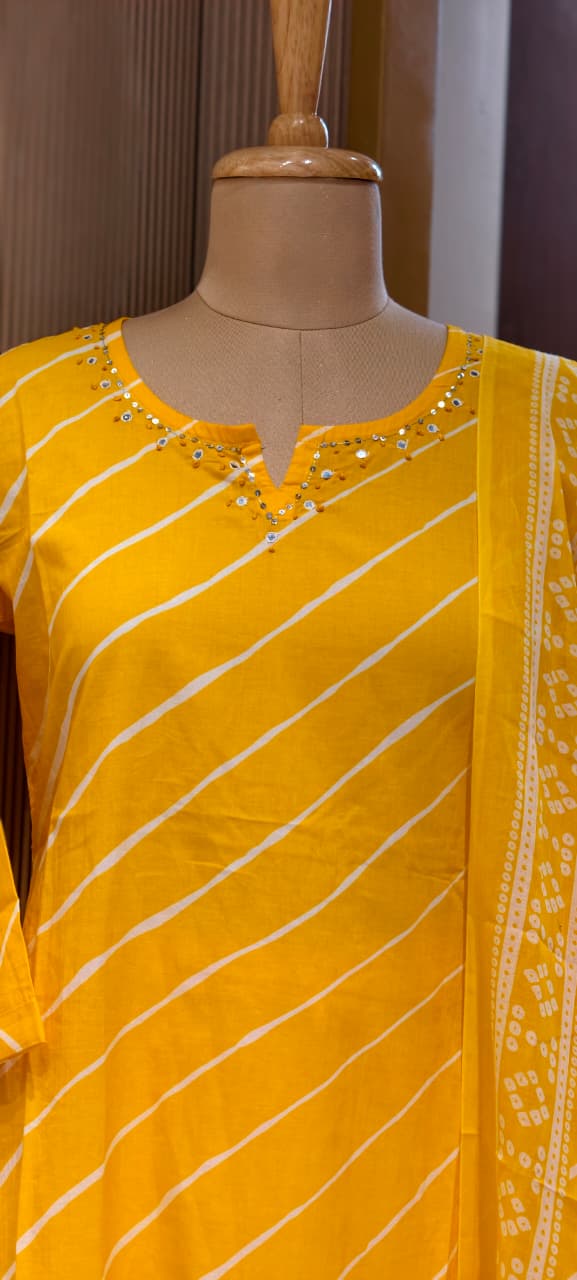 Traditional Leheriya Pattern Embellished V-Neck Ethnic Cotton Full Suit Set With Dupatta- 15561, 15560