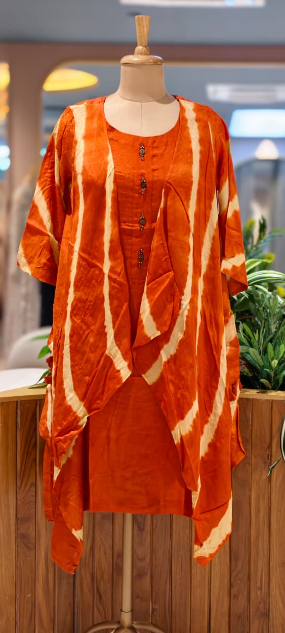 Slub Cotton Lehriya Shrug Below Knee Length Indowestern Frock-15582