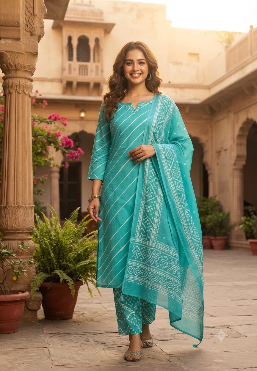 Traditional Leheriya Pattern Embellished V-Neck Ethnic Cotton Full Suit Set With Dupatta- 15561, 15560