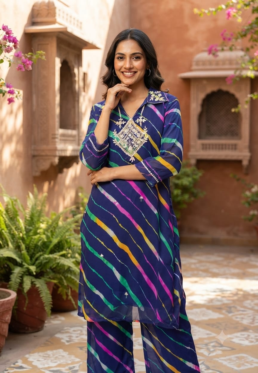 Gotta Elegance Higlighted Bold Lehriya Prints Georgette Co-Ord Set- 15673