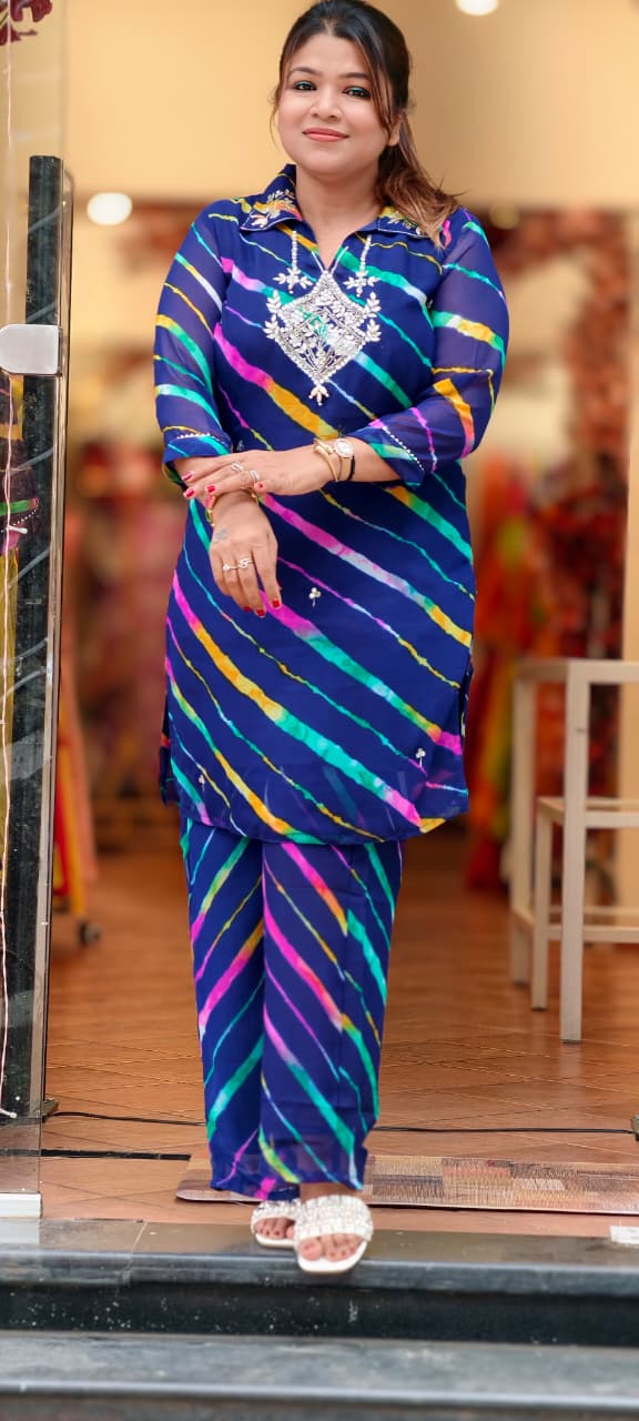 Gotta Elegance Higlighted Bold Lehriya Prints Georgette Co-Ord Set- 15673