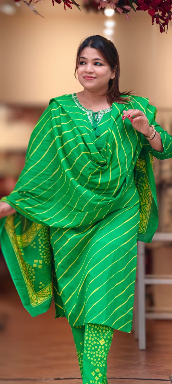 Traditional Leheriya Pattern Embellished V-Neck Ethnic Cotton Full Suit Set With Dupatta- 15561, 15560