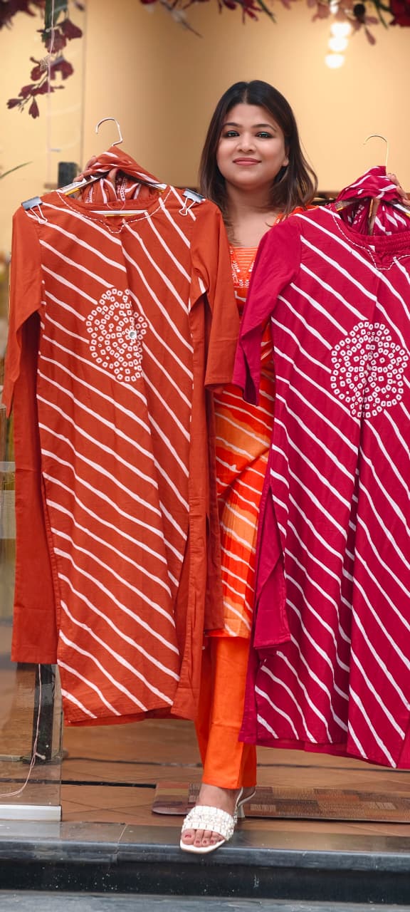 Minimal Neckline Lehriya With Front Yoke Print Cotton Full Suit Set With Dupatta- 15668