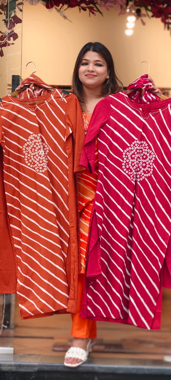 Minimal Neckline Lehriya With Front Yoke Print Cotton Full Suit Set With Dupatta- 15668
