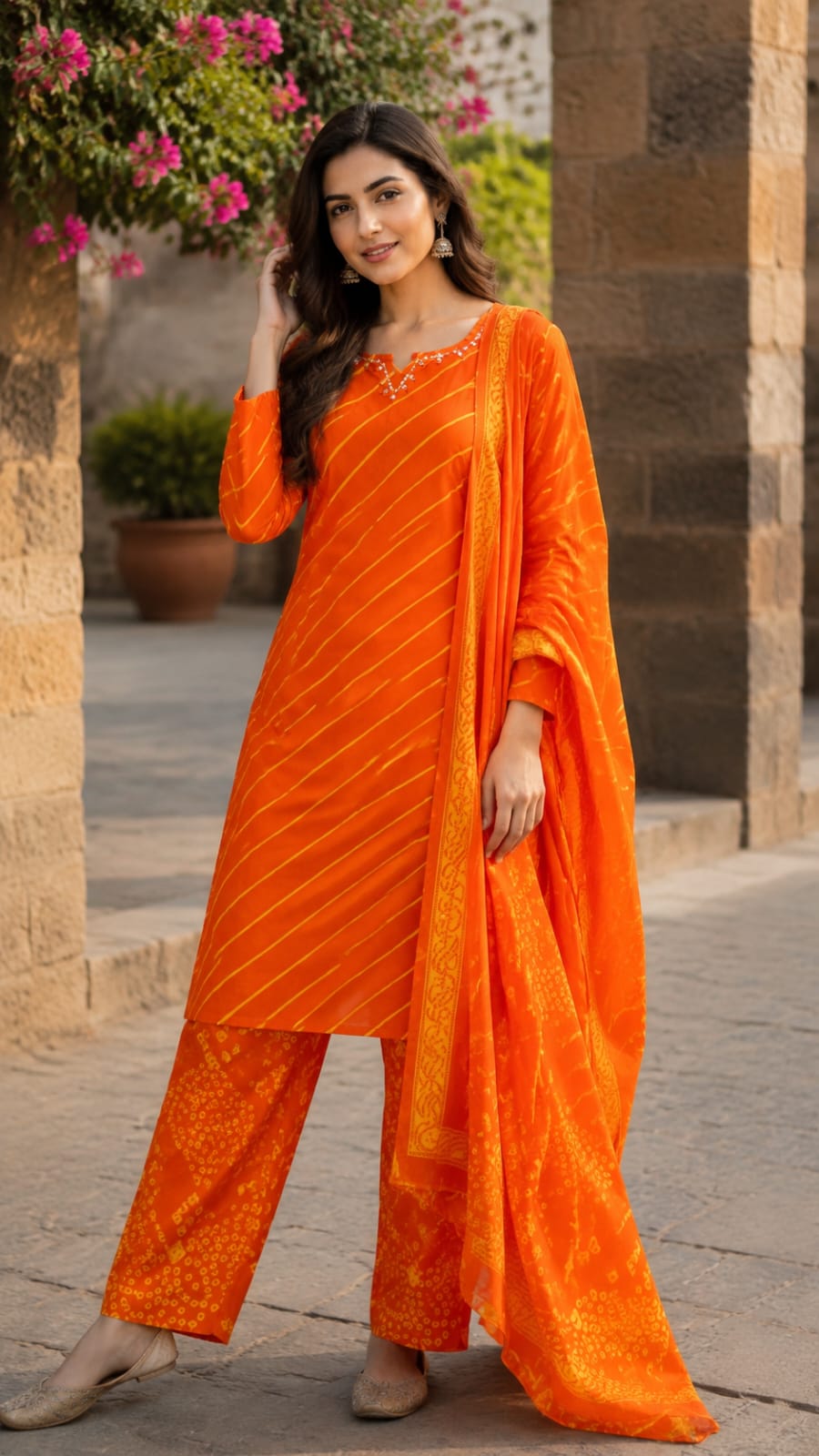 Traditional Leheriya Pattern Embellished V-Neck Ethnic Cotton Full Suit Set With Dupatta- 15561, 15560
