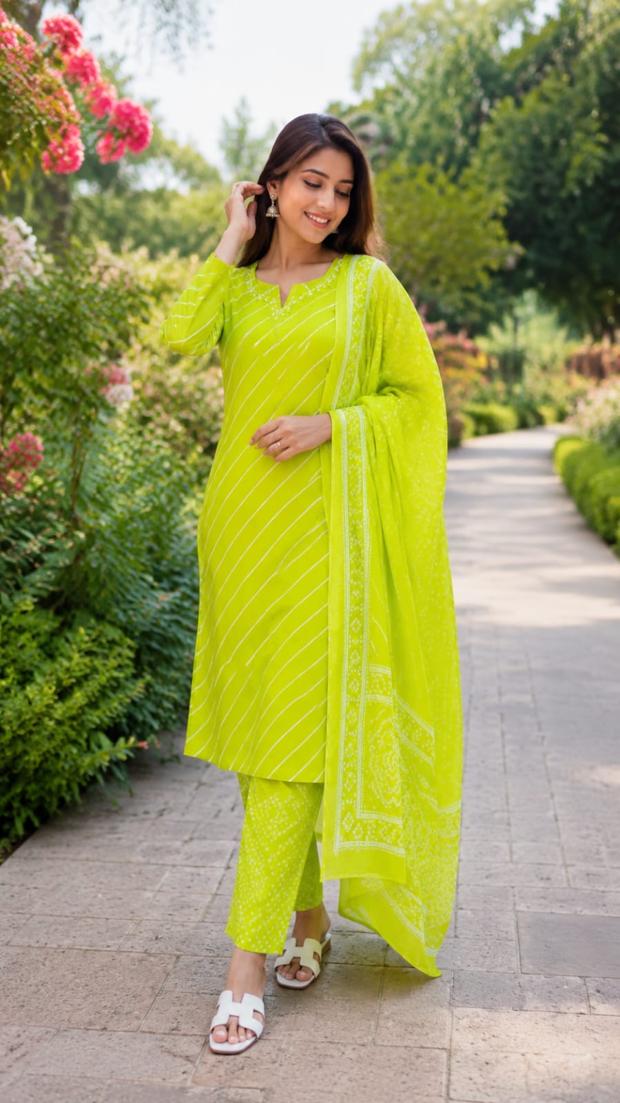 Traditional Leheriya Pattern Embellished V-Neck Ethnic Cotton Full Suit Set With Dupatta- 15561, 15560