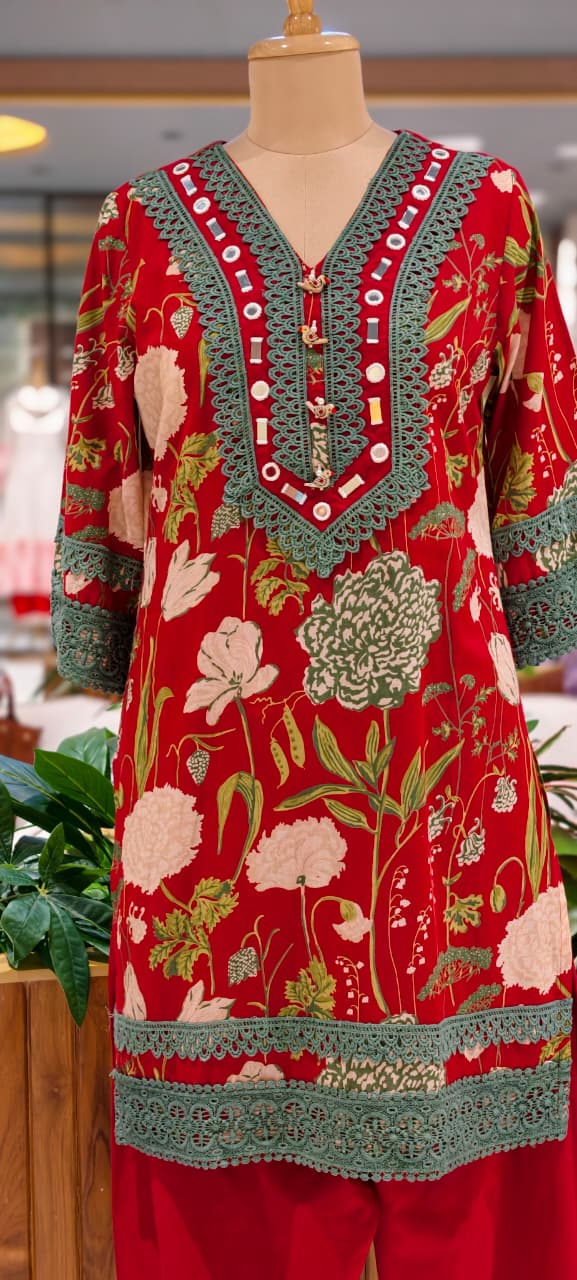 Premium Floral Printed Cotton Full Suit Set Wuth Dupatta With Crosia Elegance- 15682