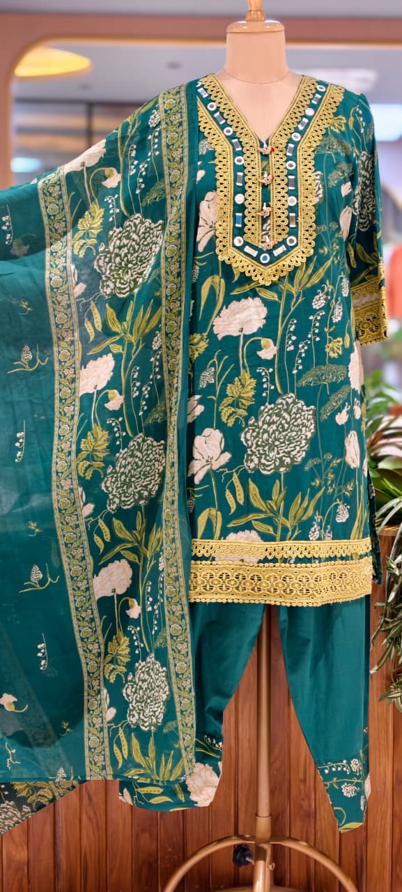 Premium Floral Printed Cotton Full Suit Set Wuth Dupatta With Crosia Elegance- 15682