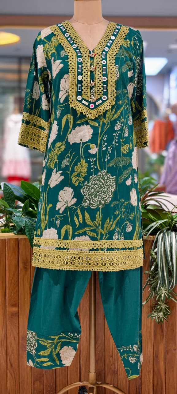 Premium Floral Printed Cotton Full Suit Set Wuth Dupatta With Crosia Elegance- 15682