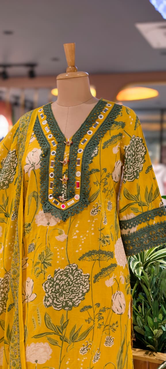 Premium Floral Printed Cotton Full Suit Set Wuth Dupatta With Crosia Elegance- 15682