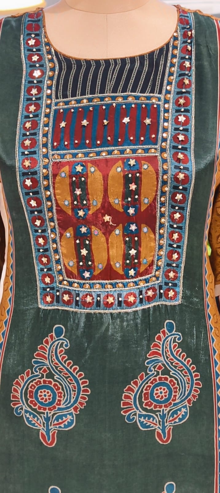 Butter Shine Crepe Fabric Abstract Ajrakh Print A-Line Full Suit Set With Dupatta- 15624