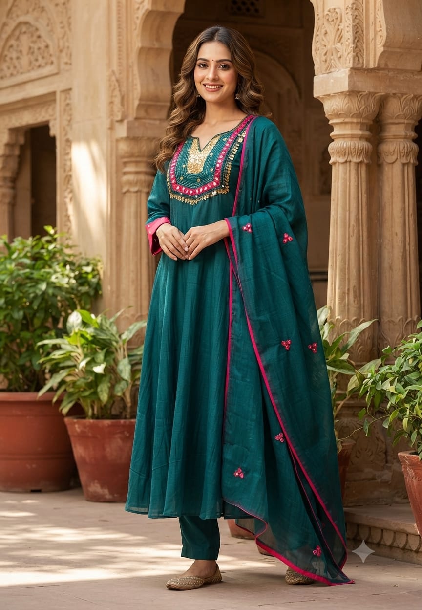 Contrasting Accents Embroidered A-Line Full Suit Set with Sequin-Work Yoke & Dupatta In Banarasi Mul Chanderi Fabric- 15704