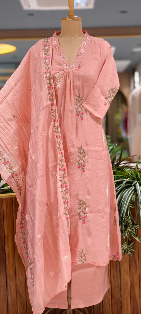 Fine Intricate Floral Embroidery Real Mirror Touch Pastel Shades Surat Mul-Chanderi A-Line Full Suit Set With Dupatta- 15679