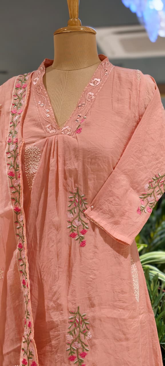 Fine Intricate Floral Embroidery Real Mirror Touch Pastel Shades Surat Mul-Chanderi A-Line Full Suit Set With Dupatta- 15679