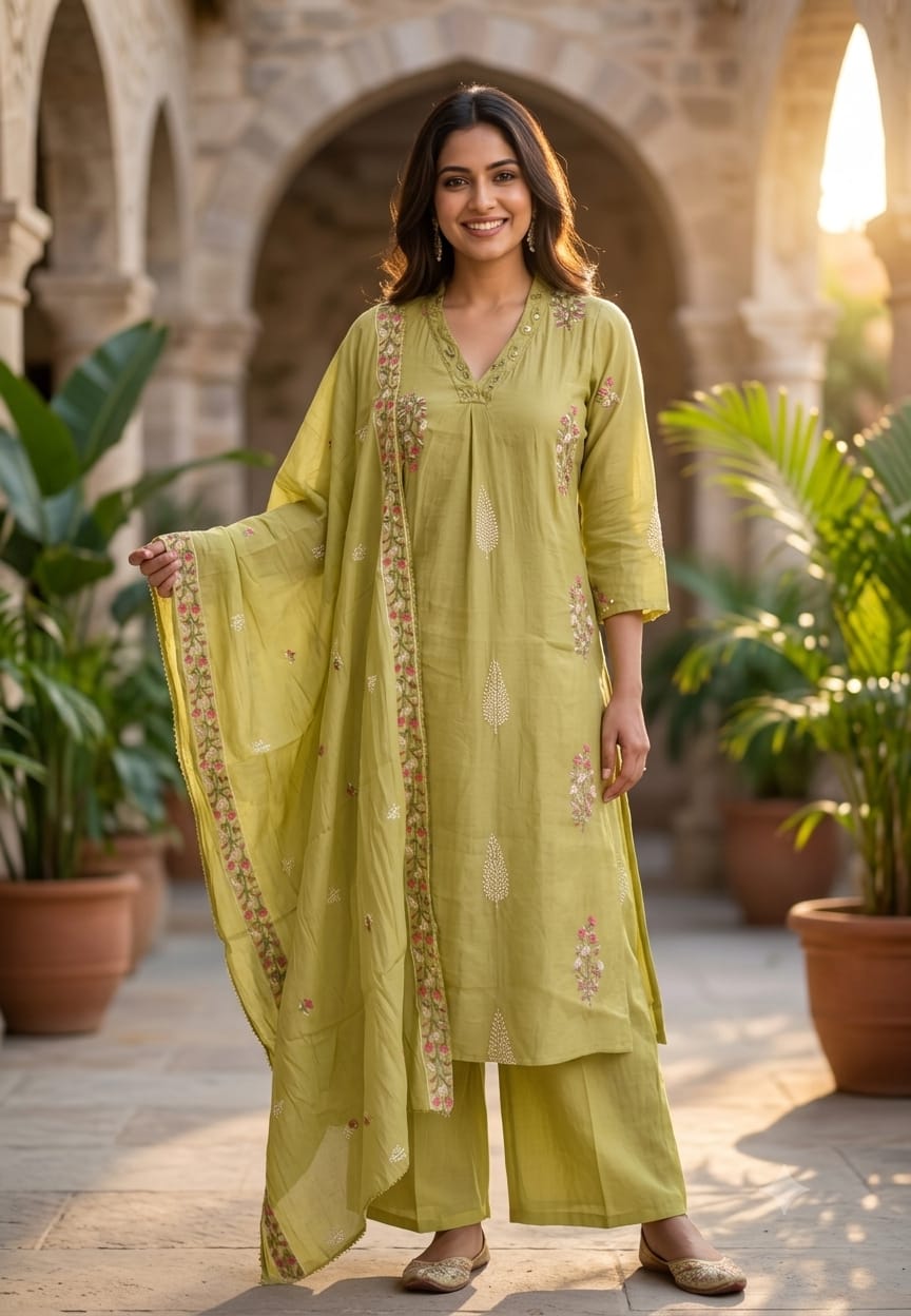 Fine Intricate Floral Embroidery Real Mirror Touch Pastel Shades Surat Mul-Chanderi A-Line Full Suit Set With Dupatta- 15679