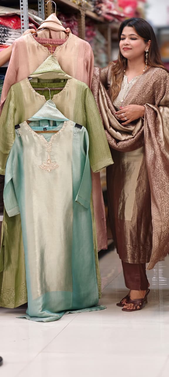 Premium Zebra Tissue Kundan Look Front Work Pastel Tone Full Suit Set With Dupatta- 15702