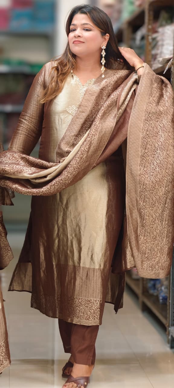 Premium Zebra Tissue Kundan Look Front Work Pastel Tone Full Suit Set With Dupatta- 15702