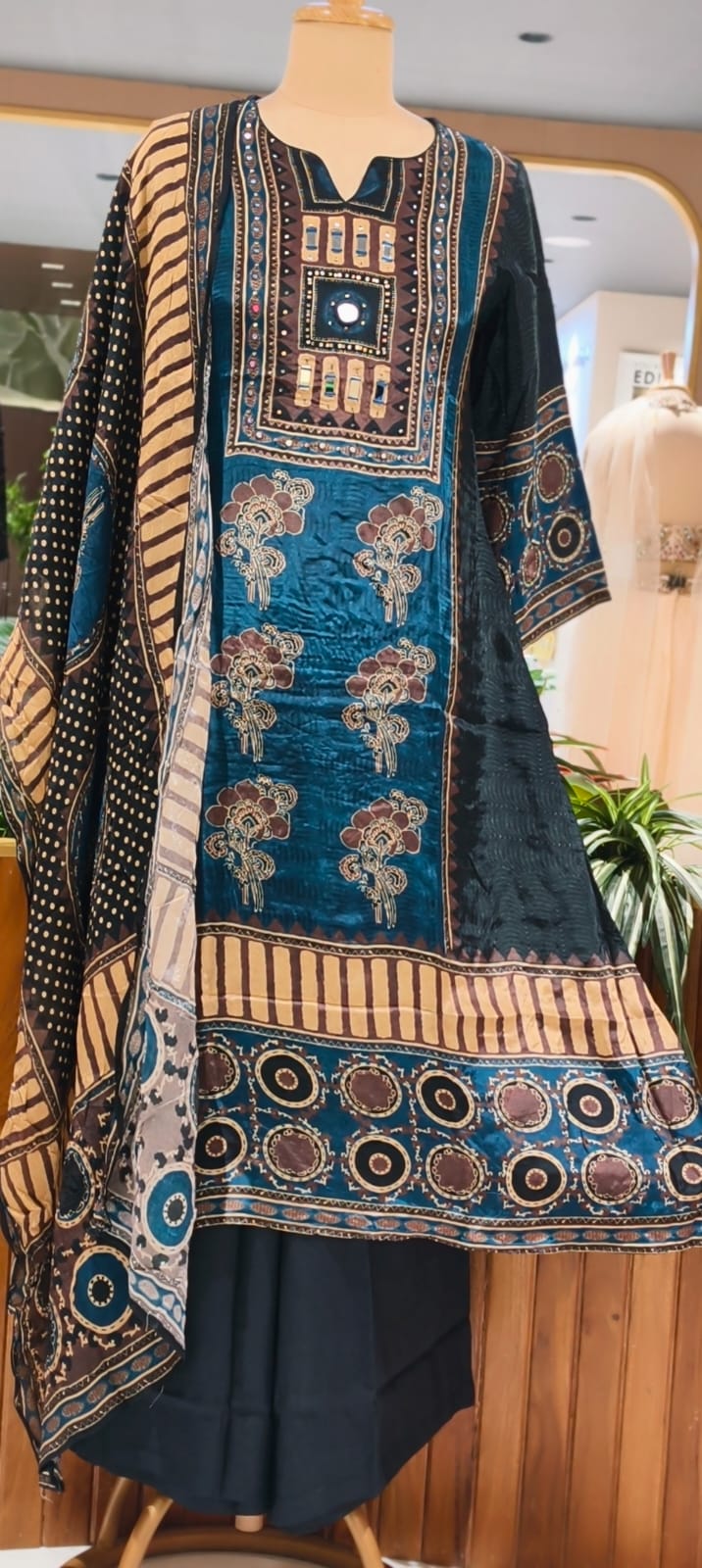 Butter Shine Crepe Fabric Abstract Ajrakh Print A-Line Full Suit Set With Dupatta- 15624