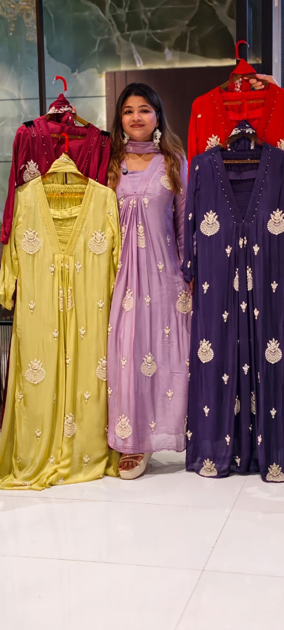 Premium Chinon Very Elegant Tiny Cut-Dana Embroidered Flowy Anarkali Full Suit Set With Dupatta- 15239