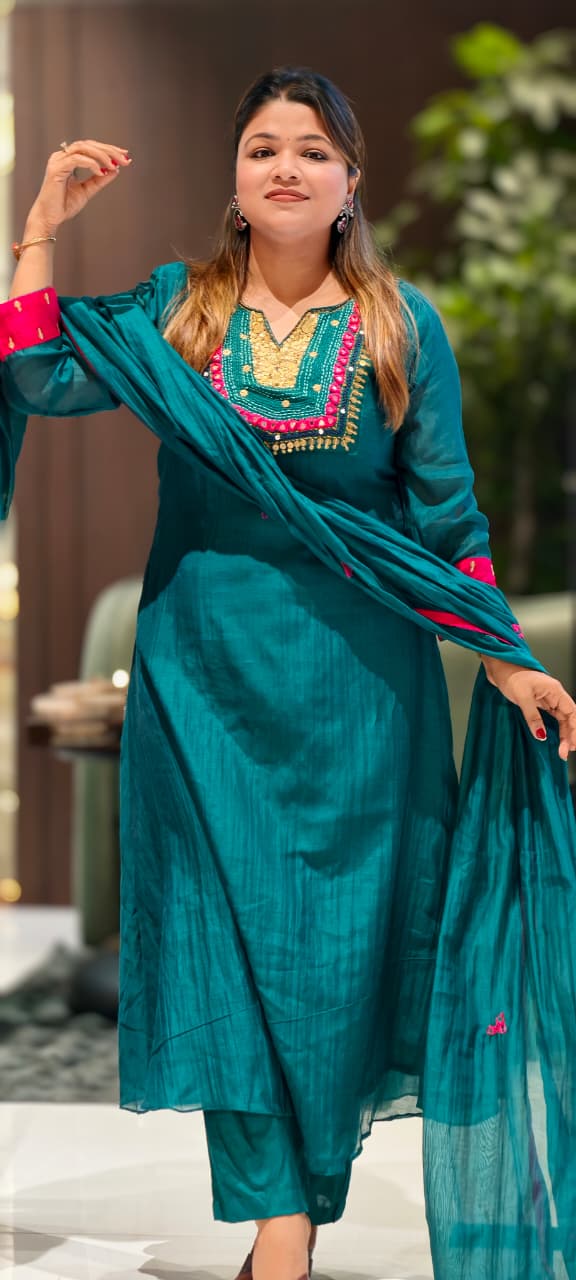 Contrasting Accents Embroidered A-Line Full Suit Set with Sequin-Work Yoke & Dupatta In Banarasi Mul Chanderi Fabric- 15704