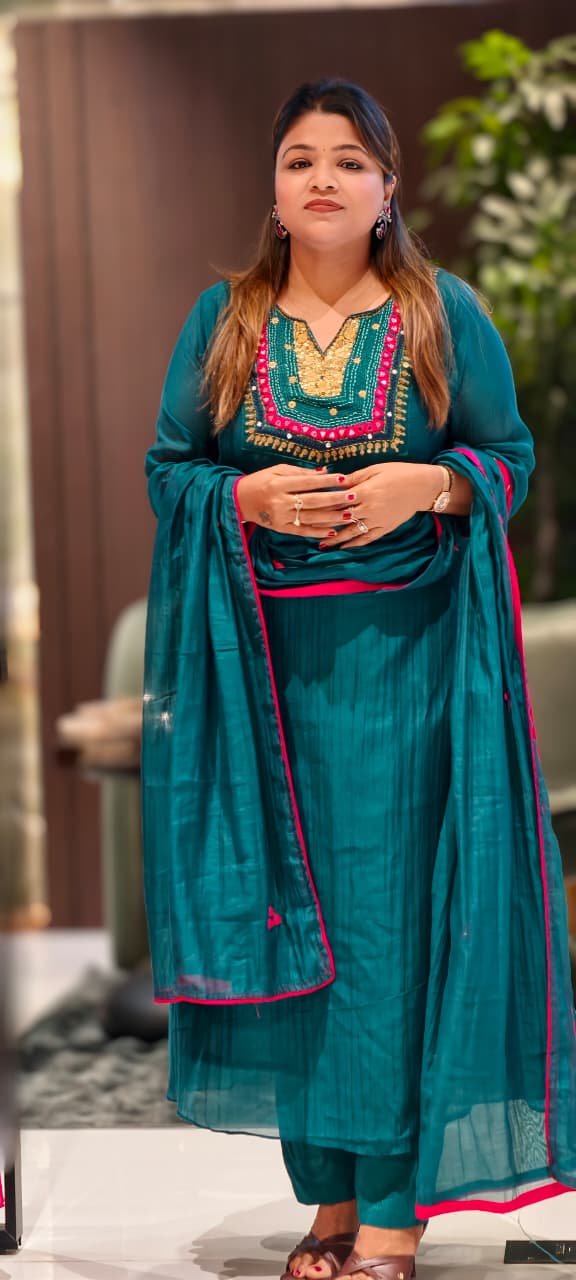 Contrasting Accents Embroidered A-Line Full Suit Set with Sequin-Work Yoke & Dupatta In Banarasi Mul Chanderi Fabric- 15704