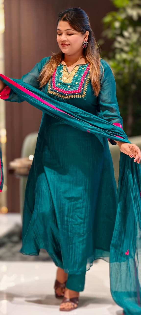 Contrasting Accents Embroidered A-Line Full Suit Set with Sequin-Work Yoke & Dupatta In Banarasi Mul Chanderi Fabric- 15704