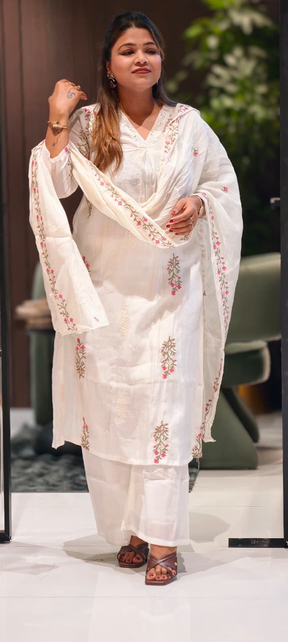 Fine Intricate Floral Embroidery Real Mirror Touch Pastel Shades Surat Mul-Chanderi A-Line Full Suit Set With Dupatta- 15679