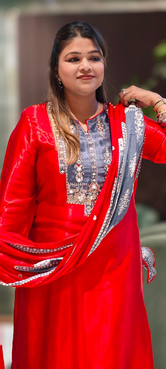 Kodi Accent Mirror Work Intricate Embroidery Printed Full Suit Set With Dupatta In Gajji Silk Fabric- 15678