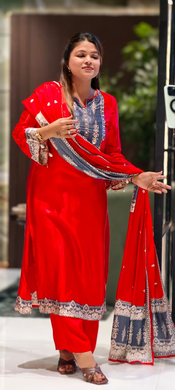 Kodi Accent Mirror Work Intricate Embroidery Printed Full Suit Set With Dupatta In Gajji Silk Fabric- 15678