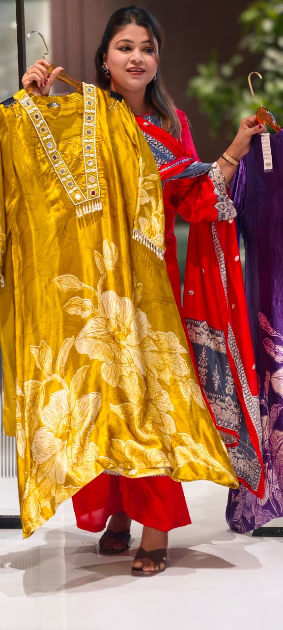 Flowy Gajji Silk Tassel Accent With Real Mirror & Kodi Detailing A-Line Kurta Pant Set- 15620