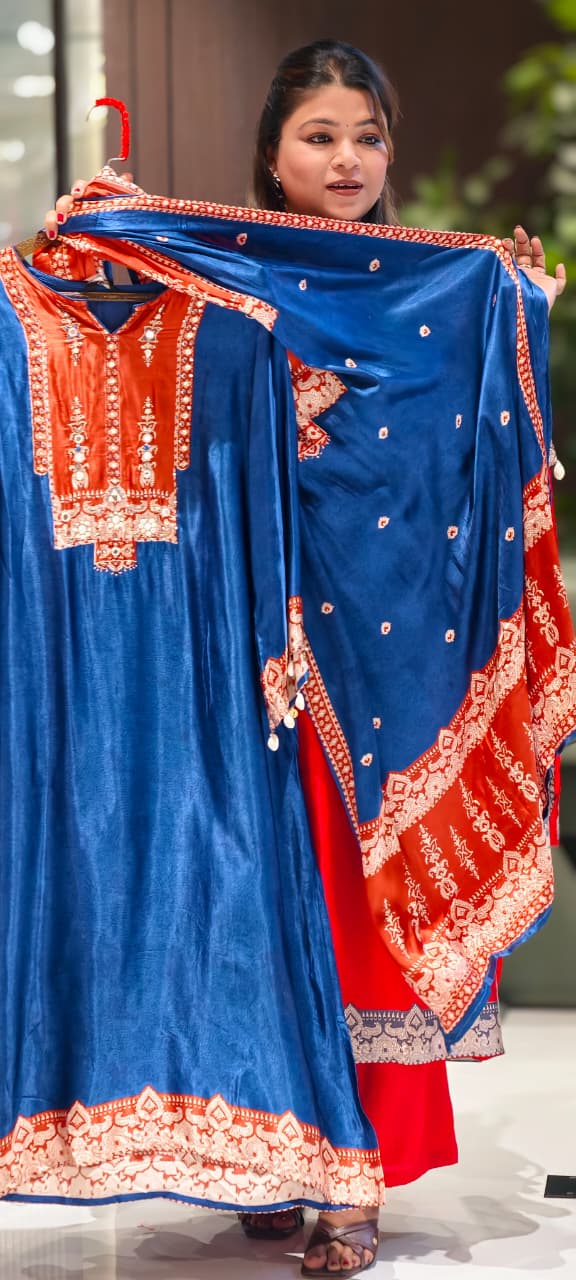 Kodi Accent Mirror Work Intricate Embroidery Printed Full Suit Set With Dupatta In Gajji Silk Fabric- 15678