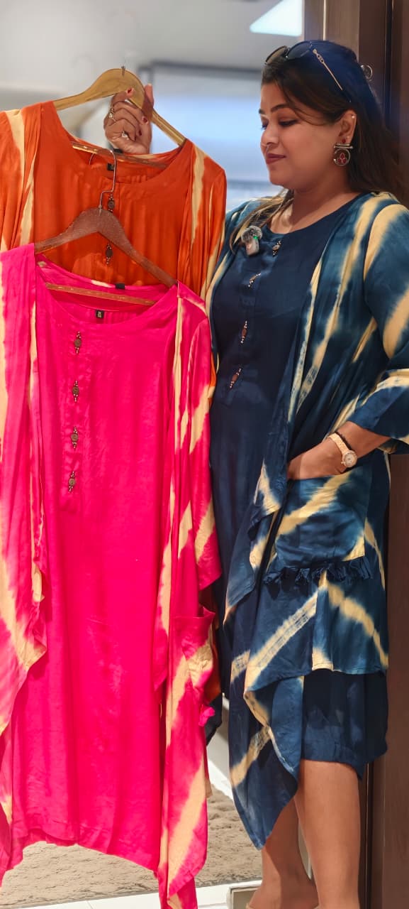 Slub Cotton Lehriya Shrug Below Knee Length Indowestern Frock-15582