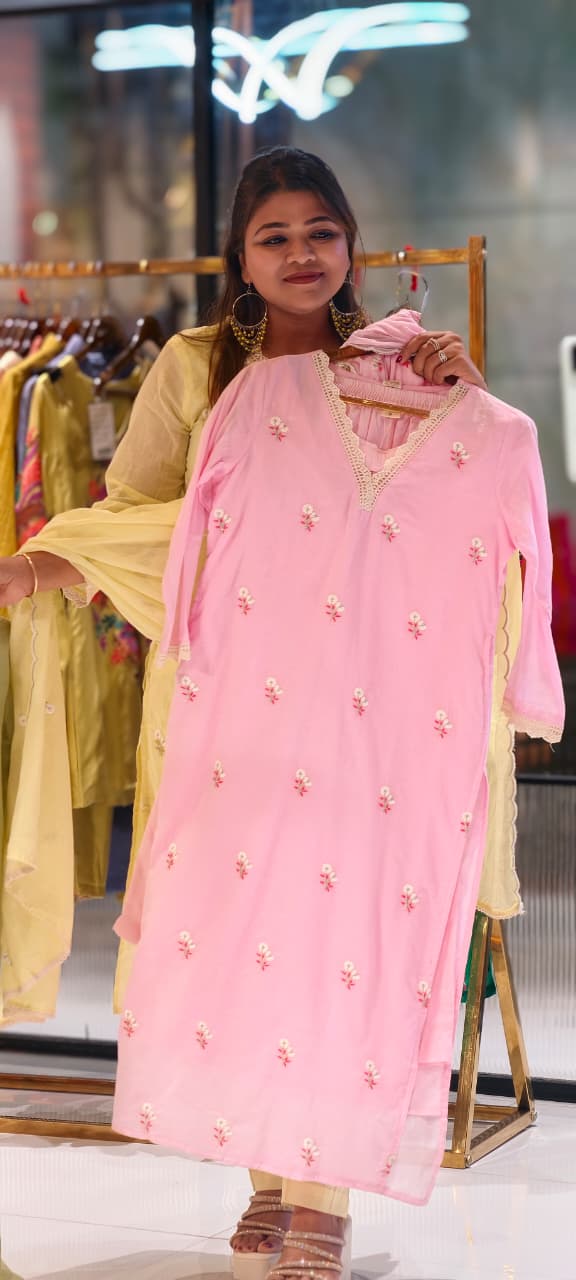 Crosia Neckline Cute Tiny Floral Embroidery Solid Candy Shades Mul-Cotton A-Line Full Suit Set With Dupatta- 15652