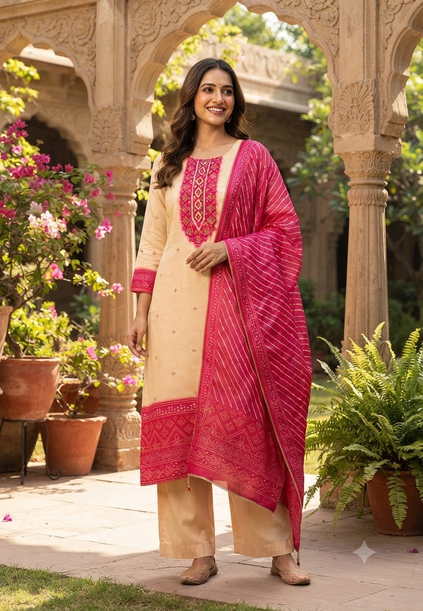 Vibrant Dual Tone Leheriya Bandhej Pure Crepe Full Suit Set With Dupatta- 15743